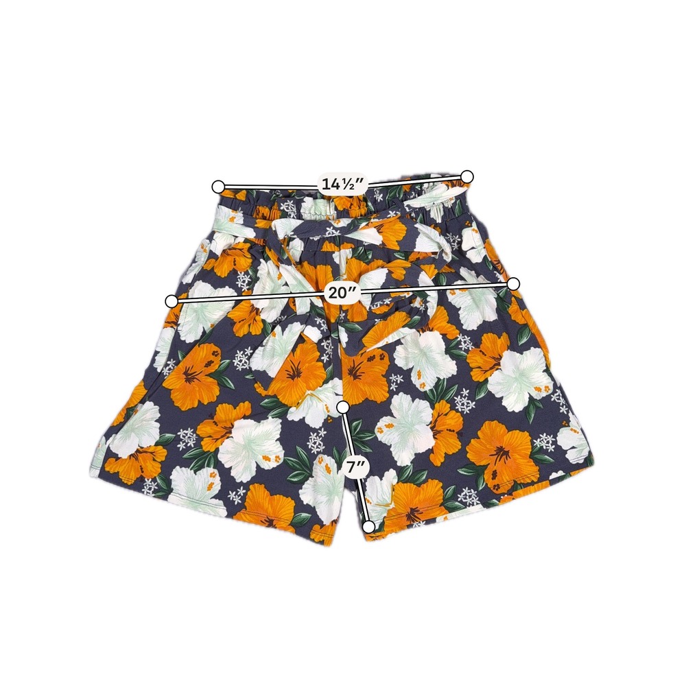 LuLaRoe Tropical Hibiscus Floral Paperbag Waist Shorts Navy Orange Medium F2 - Picture 8 of 9